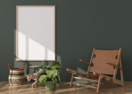 Empty vertical picture frame on green wall in modern living room. Mock up interior in boho style. Free, copy space for your picture, poster. Armchair, rattan basket, plant. 3D rendering.の写真素材