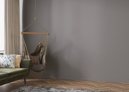 Room with parquet floor, gray wall and empty space. Hanging armchair, sofa. Mock up interior. Free, copy space for your furniture, picture, decoration and other objects. 3D rendering.の写真素材