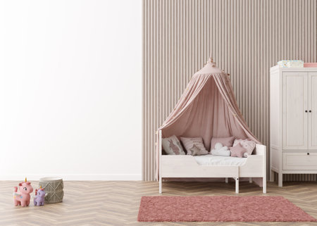Kids room wallpaper presentation mock up. Empty white wall in modern child room. Copy space for your wallpaper design, wall stickers or other decoration. Interior in scandinavian style. 3D rendering.の写真素材