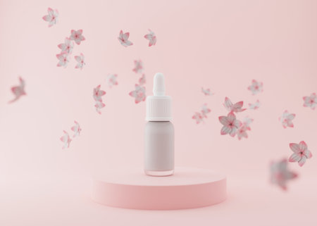 White glass bottle of cosmetic liquid, gel standing on pink podium, with flowers flying in the air. Blank, unbranded dropper bottle, hyaluronic acid, oil, serum, skin care product. 3D renderingの写真素材
