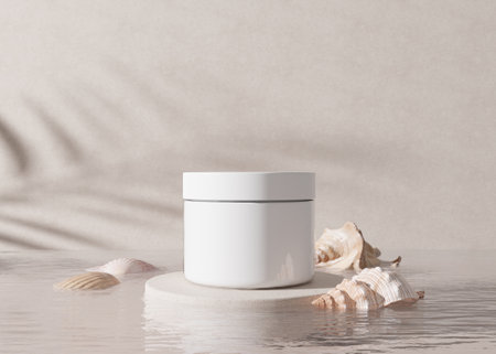 White and blank, unbranded cosmetic cream jar with leaves shadows, water and sea shells. Skin care product presentation. Elegant mockup. Skin care, beauty and spa. Jar with copy space. 3D renderingの写真素材