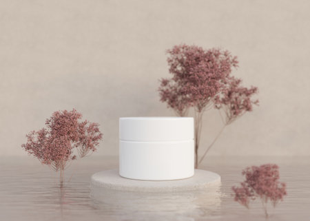 White, blank, unbranded cosmetic cream jar with plants in water on beige background. Skin care product presentation. Elegant mockup. Skin care, beauty and spa. Jar with copy space. 3D renderingの写真素材