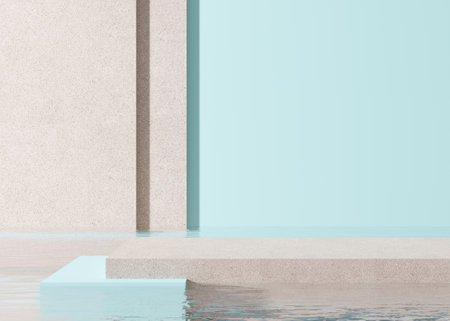 Podium standing in water on the cream and blue background. Beautiful mock up for product, cosmetic...