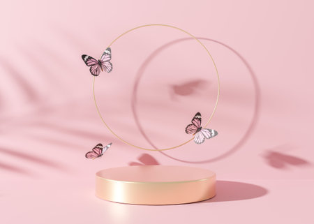 Golden podium on pink background with palm leaves shadow and flying butterflies. Podium for product, cosmetic presentation. Mock up. Pedestal or platform for beauty products. Empty scene. 3D renderingの写真素材