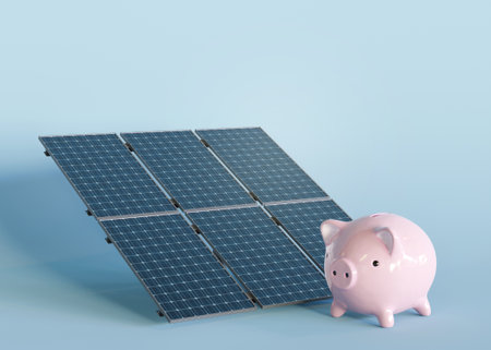 Solar panel and piggy bank on blue background. Photovoltaic, alternative electricity source....