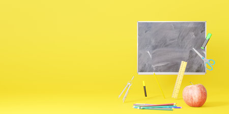 School stationery items on yellow background with free space for text. Creative, colorful background with school supplies. Banners with copy space. Ruler, pencil, scissors, apple. 3D renderingの写真素材