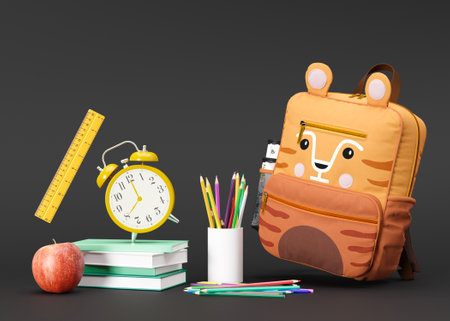 School stationery items on black background with free space for text. Creative, colorful background...