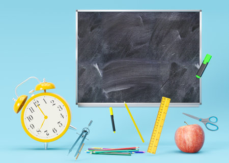 School stationery items on blue background with free space for text. Creative, colorful background...