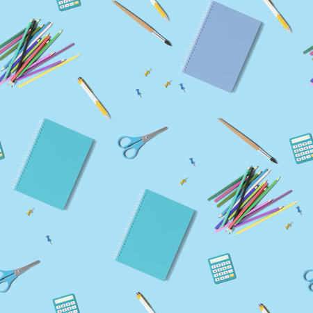 Seamless pattern with school stationery items on blue background. Colorful background with school supplies, texture. Eye catching design. Pens, pencils, calculators, scissors, notebooks. 3D renderingの写真素材