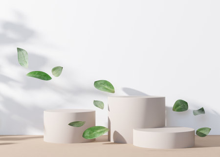 White round podiums set with leaves, flying in the air, on white background. Natural podiums for product, cosmetic presentation. Mock up. Stage for beauty products. Empty scene. 3D renderingの写真素材