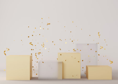 Set of podiums with falling confetti on beige background. Elegant podiums for product, cosmetic presentation. Luxury mockup. Pedestal or platform for beauty products. Empty scene. 3D renderingの写真素材