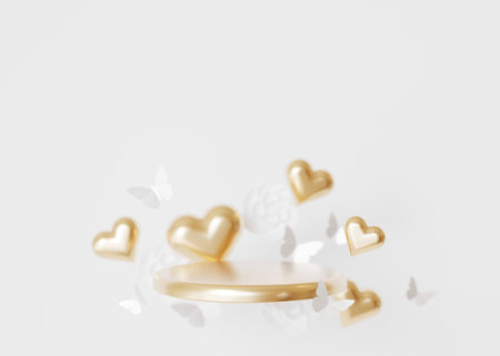 Golden podium with flying hearts, flowers and butterflies. Wedding, Anniversary, Women's Day, Mother's Day, Valentine's Day. Platform for beauty, cosmetic products presentation. Mockup. 3D renderingの写真素材