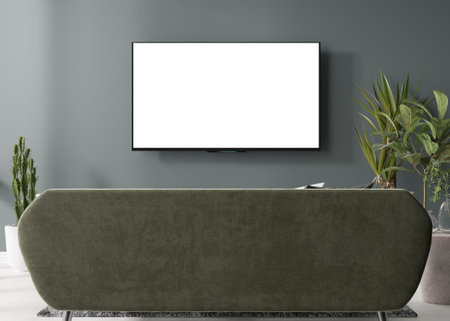 LED TV with blank white screen, hanging on the wall at home. TV mock up. Copy space for advertising, movie, app presentation. Empty television screen ready for your design. Modern interior. 3D renderingの写真素材