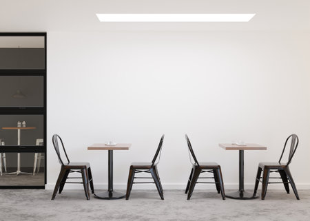 Empty white wall in modern cafe. Mock up restaurant interior in contemporary style. Free copy space...