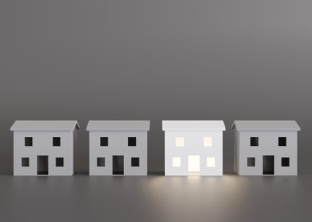 White and gray houses on gray background. Buy or sell a house. Concept for new property, mortgage and real estate investment. Homes for sale. Copy space for your text or logo, modern layout. 3d renderの写真素材