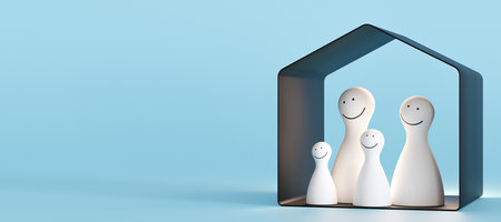 House and family figures on blue background. Insurance, homeless support, adoption concept. Buy or build a house. New property, mortgage, real estate. Home for sale. Banner with copy space. 3d render.の写真素材
