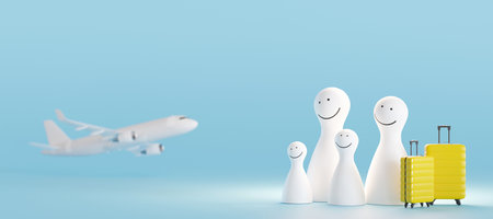 Happy family members with suitcases and airplane on blue background. Holidays, tourism, travel. Tourists ready for a great vacation. Flight, airport. Colorful banner with copy space. 3d rendering.の写真素材