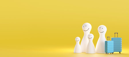 Happy family members with blue suitcases on yellow background. Holidays, tourism, travel. Tourists ready for a great vacation. Relax time. Flight. Colorful banner with copy space. 3d rendering.の写真素材