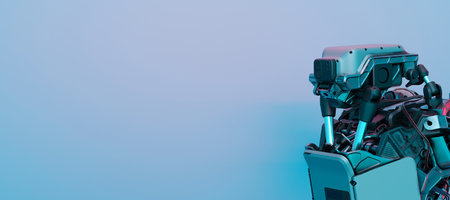 Futuristic banner with robot and copy space for your text. Artificial intelligence, digital technology. Digital smart world metaverse. Template with free space. Humanoide, cyborg. 3d rendering.の写真素材