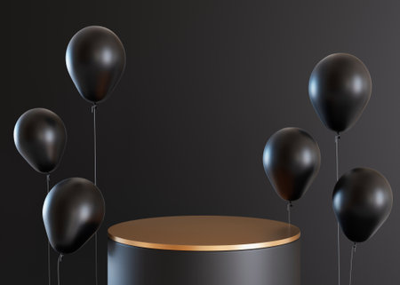 Golden podium with black helium balloons. Black friday sale. Special offer. Scene for product, cosmetic presentation. Trendy mock up. Pedestal, platform, stage for beauty product. 3D rendering.の写真素材