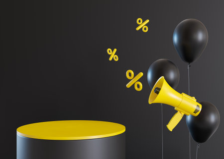 Yellow podium with black balloons, megaphone and discount signs. Black friday sale. Special offer, good price, deal, shopping. Scene for product, cosmetic presentation. Mock up, stage. 3D rendering.の写真素材