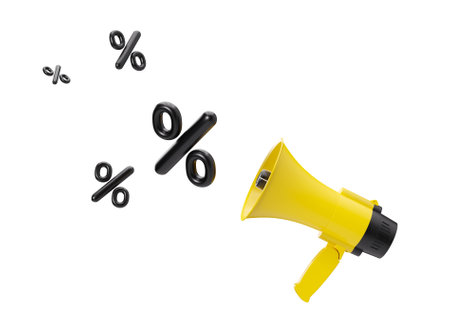 Yellow megaphone and black discount signs isolated on white background. Black friday sale. Special offer, good price, deal, shopping. Cut out design elements. 3D rendering.の写真素材