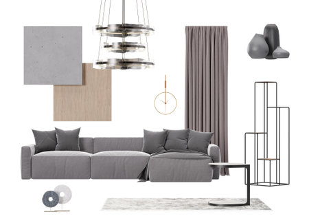 Interior design moodboard with isolated modern living room furniture, home accessories, materials....