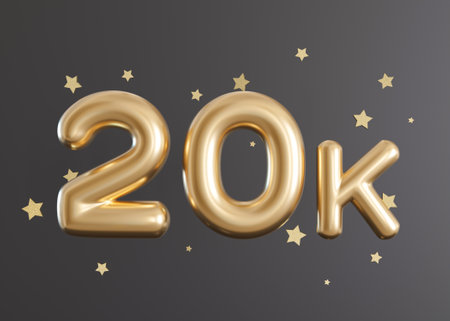 20000 followers card with stars on gray background. Banner for social network, blog. 10k followers or likes celebration. Social media achievement poster. Twenty thousand subscriber. 3d render.の写真素材