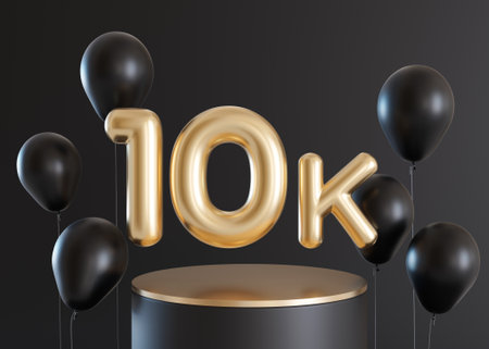 10000 followers card with balloons on black background. Banner for social network, blog. 10k followers, likes celebration. Social media achievement poster. Ten thousand subscriber. 3d render.の写真素材