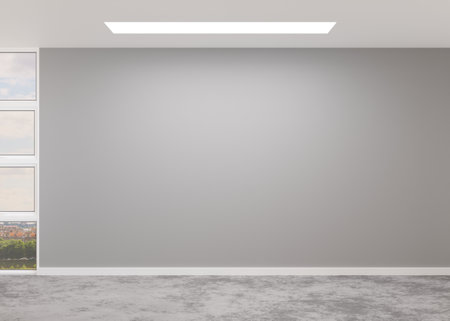 Empty room, concrete floor and gray wall. Only wall and floor. Mock up interior. Panoramic window. Free, copy space for your furniture, picture, decoration and other objects. 3D rendering.の写真素材