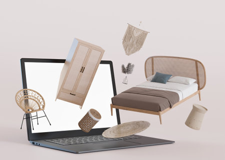 Laptop with flying boho style rattan furniture. Shopping online. Furniture shop, interior details....