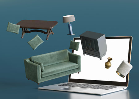 Laptop with flying furniture. Shopping online. Furniture shop, interior details. Furnishings sale or...