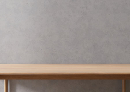 Empty wooden table top and blank concrete wall. Copy space for your object, product presentation. 3D rendering.の写真素材