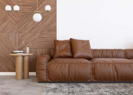 Brown leather sofa in contemporary interior. Modern, stylish, high quality leather furniture....
