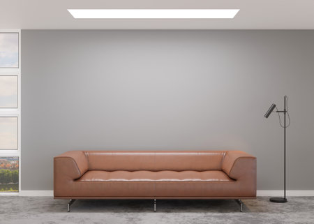 Empty gray wall in modern living room. Mock up interior in contemporary style. Copy space for picture, poster. Template for artwork. Brown leather sofa, concrete floor. Leather furniture. 3D render.の写真素材