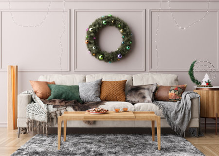 Modern and stylish living room interior with Christmas decorations and sofa. Xmas time at home, New Year, holiday. Beautiful and cozy interior design. 3D rendering.の写真素材
