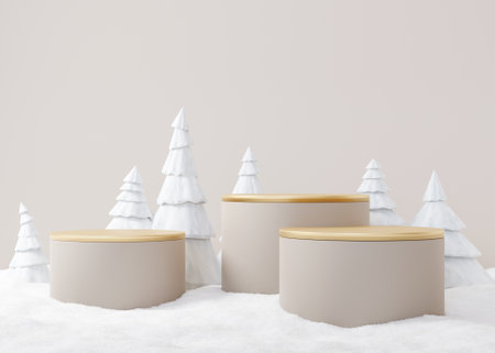 Golden podiums set with snow and fir trees on beige background. Christmas time. Elegant scene for product, cosmetic presentation. Luxury mock up. Pedestal, platform for beauty products. 3D rendering.の写真素材