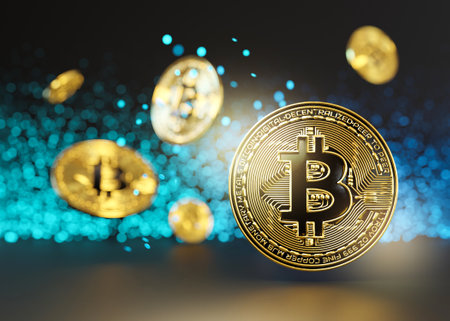 Cryptocurrency golden bitcoin coins with neon lights. Symbol of crypto currency - electronic virtual...