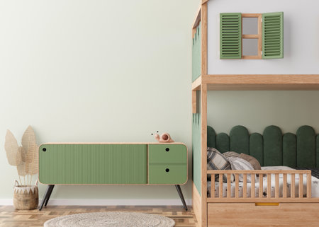 Empty light green wall in modern child room. Mock up interior in scandinavian style. Copy space for your picture or poster. Bed, sideboard, rattan basket. Cozy room for kids. 3D rendering.の写真素材