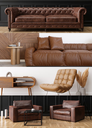 Vertical collage with brown leather sofas and armchairs in contemporary interior. Modern, stylish,...