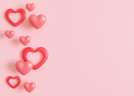 Pink background with hearts and copy space. Valentines Day, Mothers Day, Wedding backdrop. Empty...