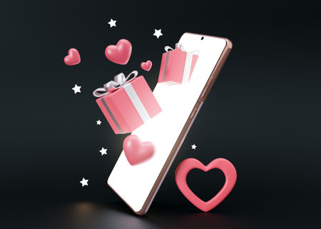 Smartphone with flying gift boxes and hearts on black background. Shopping with smartphone, buying presents online. Valentines Day, Mothers or Womans Day shopping in internet, sale. 3D rendering.の写真素材