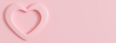 Pink background with heart and copy space. Valentines Day, Mothers Day, Wedding backdrop. Empty space for advertising text, invitation, logo. Postcard, greeting card design. Love symbol. 3D render.の写真素材