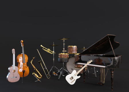 Different musical instruments on black background. Copy space for text, advertising, logo. Piano, guitar, saxophone, drums. Music school concept. Musical education. 3D rendering.の写真素材