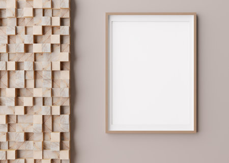 Blank vertical picture frame hanging on beige wall. Template, mock up for your artwork, picture or poster. Empty, copy space. Close up view. Simple, minimalist mockup. 3D rendering.の写真素材