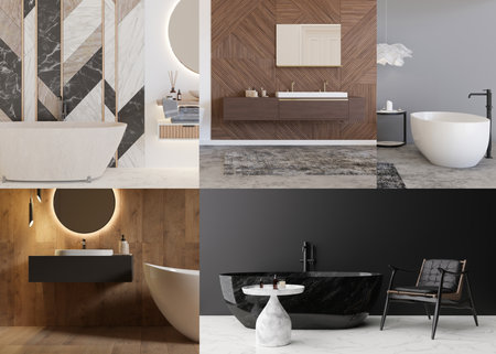 Collage with beautiful and modern bathrooms. Home or hotel interiors in contemporary style. Luxury bathrooms. Interior design project. Bathtub, washbasin, sanitary wares. 3D rendering.の写真素材