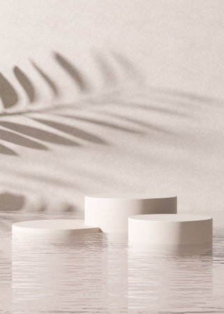 Podiums standing in water, with palm shadow, on the beige background. Beautiful mock up for product, cosmetic presentation. Pedestal or platform for beauty products. Empty scene, stage. 3D rendering.の写真素材