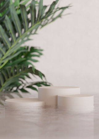 Podiums standing in water, with palm leaves, on the beige background. Beautiful mock up for product, cosmetic presentation. Pedestal or platform for beauty products. Empty scene, stage. 3D rendering.の写真素材