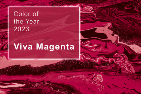 Viva Magenta - color of the year 2023. Trendy color sample. Beautiful toned surface with marble effect.の写真素材