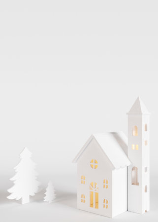 Beautiful white Christmas background. Xmas backdrop, mock up. Modern design. Empty space for text, advertising. Copy space. Vertical template for greeting, invitation card. House, fir trees. 3d renderの写真素材